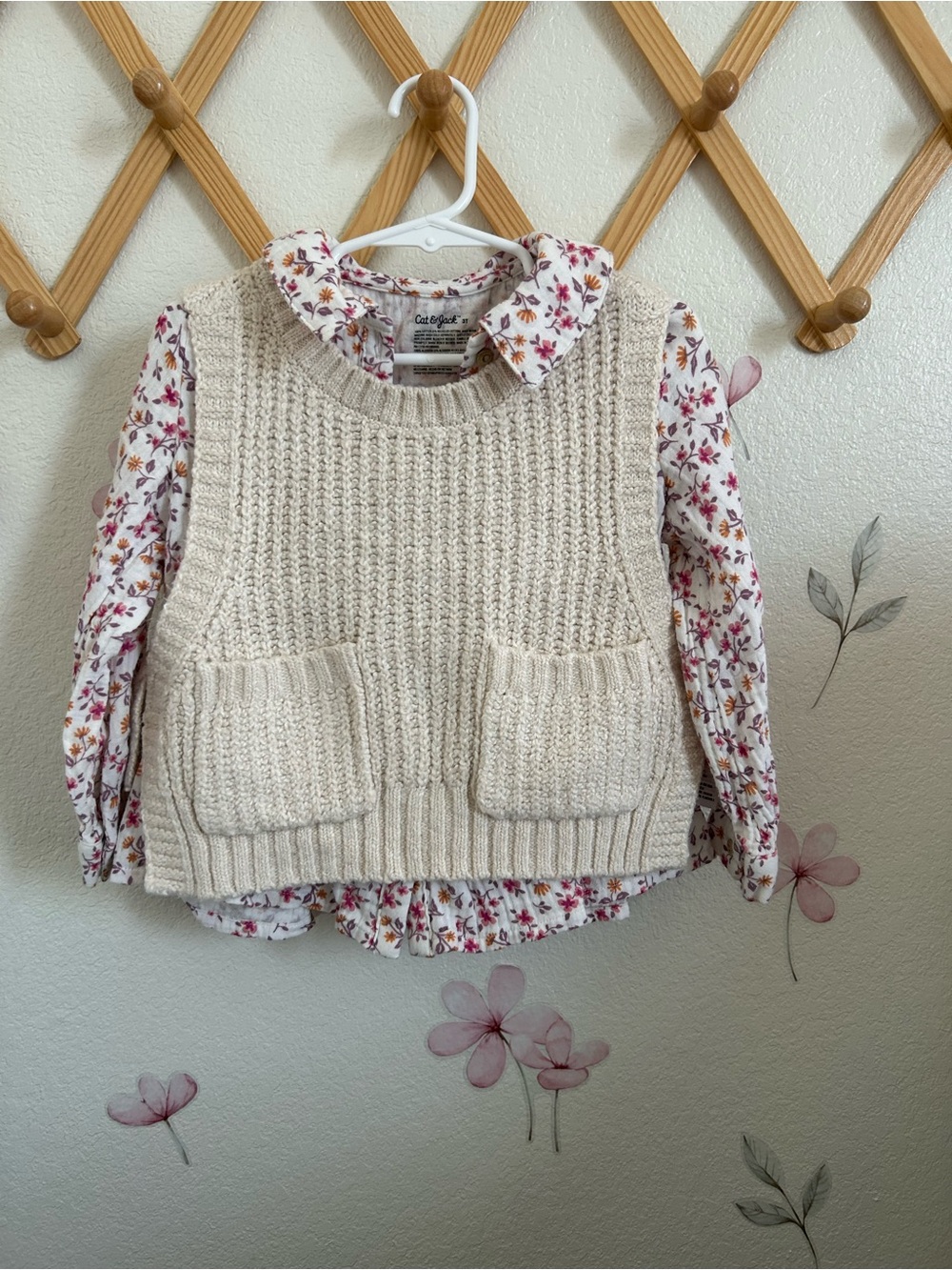 Cat & Jack Cream Knit Vest with Pink & Orange Floral Shirt